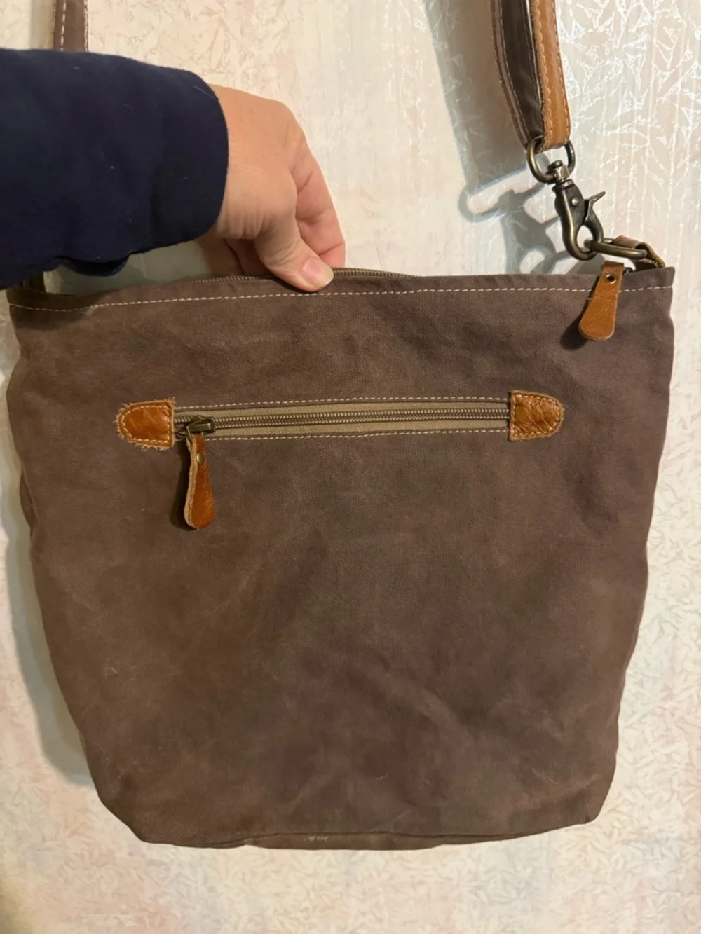 Myra Bag Turquoise Patterned Shoulder Bag with Gray Fur Pocket 14 in x 12 in